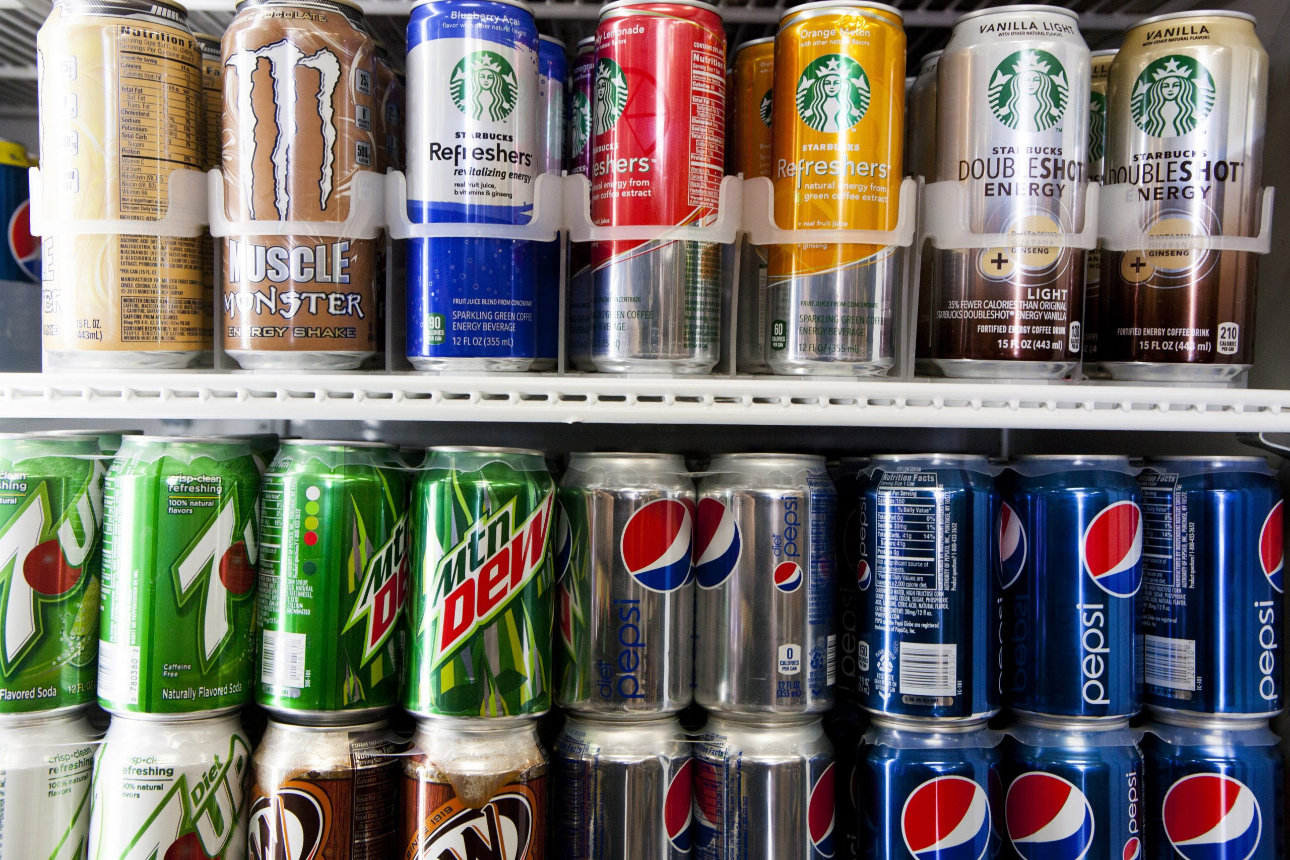 Cans of soda are displayed at Kwik Stops Liquor in San Diego